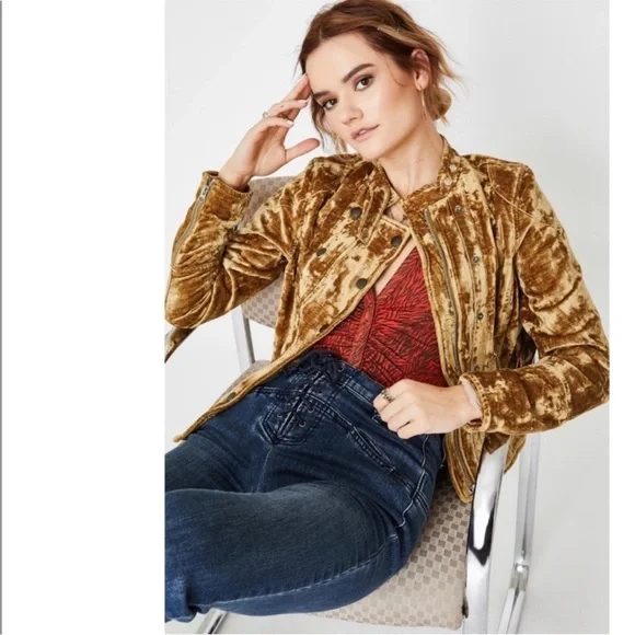 Free People Dusk To Dawn Military Jacket Velvet Moto Sz XL NWT We The Free Gold - Picture 13 of 15